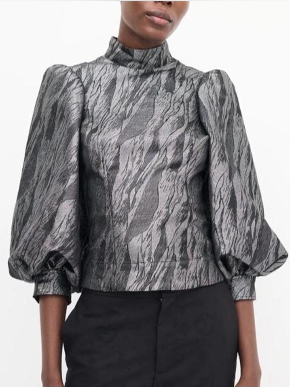 Ganni Metallic Jacquard Puff-Sleeve Top